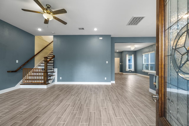 4610 Cashel Glen Dr, Houston, TX 77069 - unfurnished living room featuring visible vents, a ceiling fan, baseboards, and recessed lighting