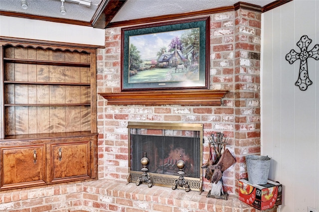 interior space with a brick fireplace