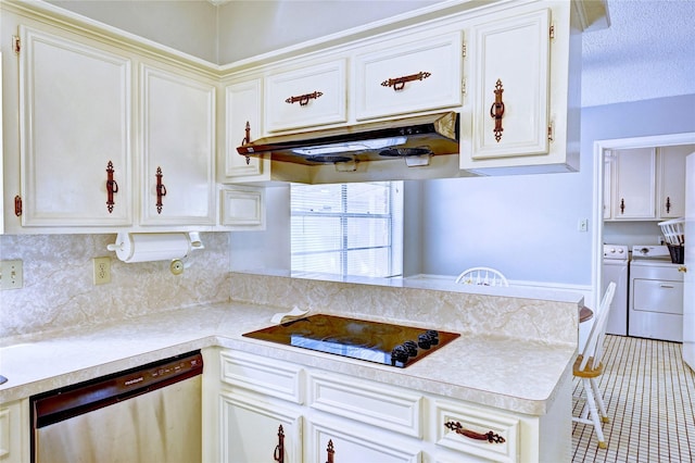 kitchen featuring black electric cooktop, light countertops, dishwasher, separate washer and dryer, and under cabinet range hood