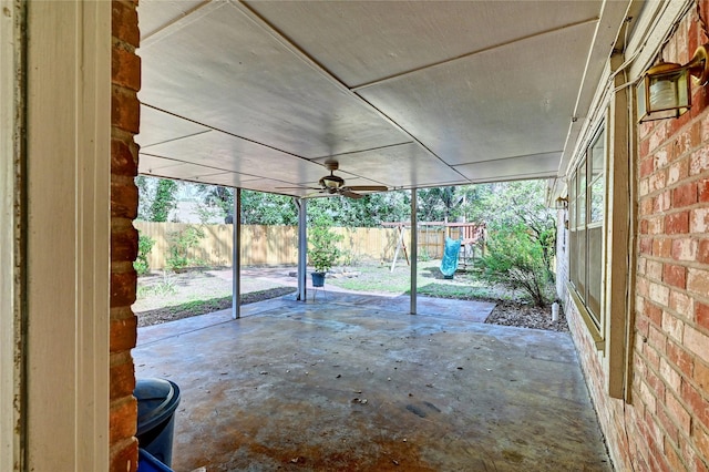 view of patio / terrace featuring ceiling fan and a fenced backyard