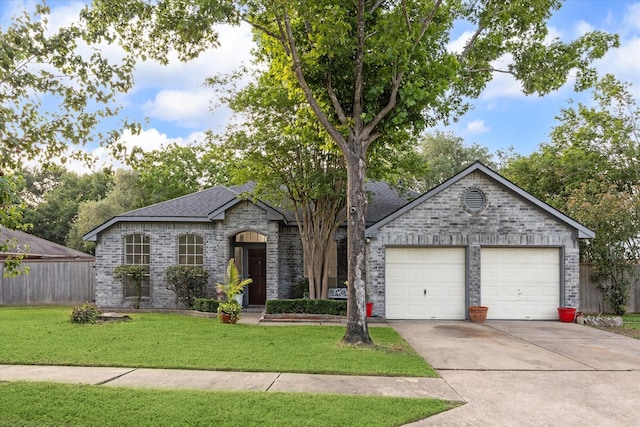 single story home with a garage, a front yard, roof with shingles, brick siding, and concrete driveway