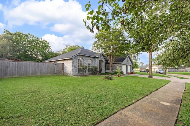 french country inspired facade featuring concrete driveway, brick siding, fence, and a front lawn