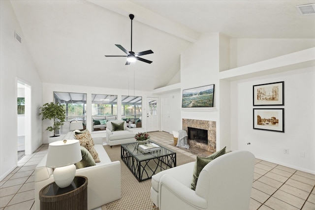 living room featuring high vaulted ceiling, ceiling fan, light tile patterned flooring, and visible vents