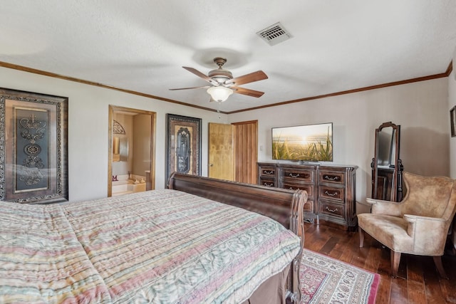bedroom featuring a ceiling fan, visible vents, ornamental molding, and dark wood finished floors