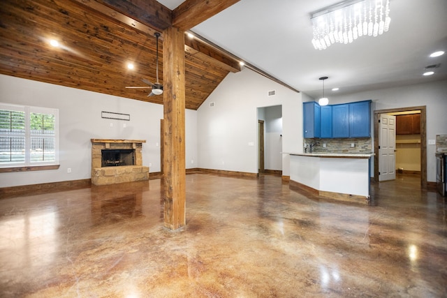 unfurnished living room featuring a ceiling fan, a fireplace, baseboards, concrete floors, and recessed lighting