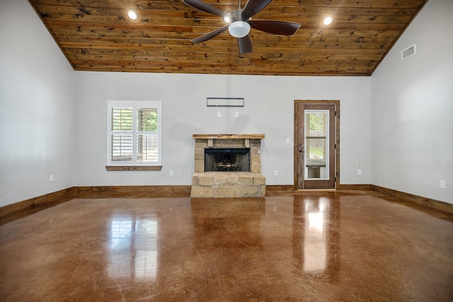 unfurnished living room featuring visible vents, a ceiling fan, a fireplace, and wooden ceiling