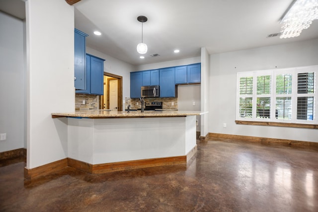 kitchen with baseboards, stainless steel microwave, concrete flooring, and blue cabinetry