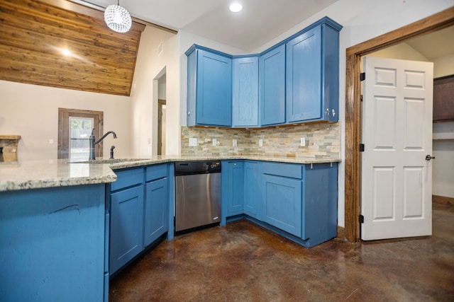 kitchen with stainless steel dishwasher, blue cabinets, and a sink