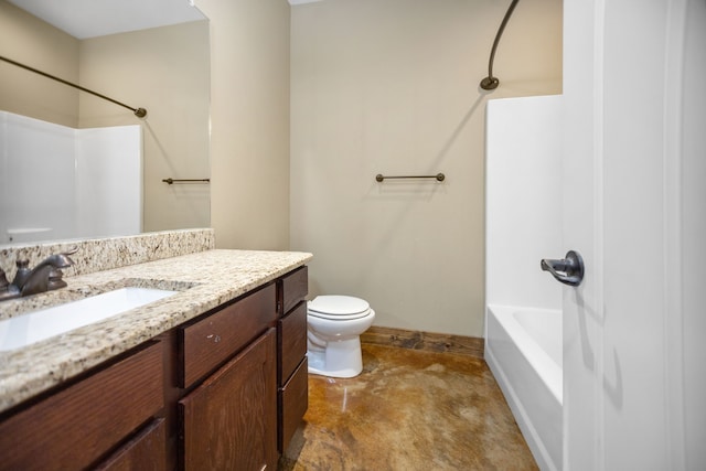 full bath featuring toilet, shower / bath combination, baseboards, and vanity