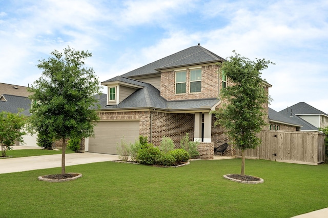 view of front of house with a front lawn, fence, roof with shingles, brick siding, and concrete driveway