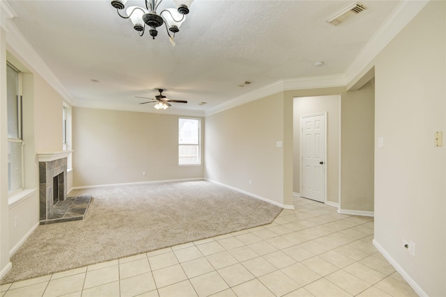 107 Mango St, Lake Jackson, TX 77566 - unfurnished living room featuring crown molding, light colored carpet, visible vents, and ceiling fan with notable chandelier