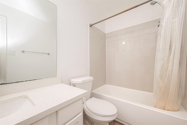 bathroom with shower / bath combo with shower curtain, toilet, and vanity