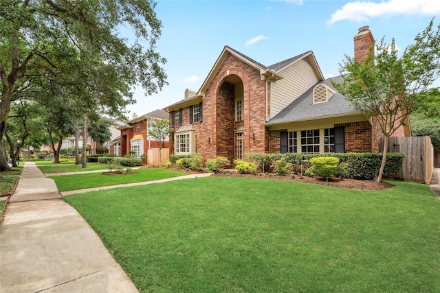 4423 Nassau Dr, Sugar Land, TX 77479 - traditional home with fence, a shingled roof, a front lawn, brick siding, and a chimney