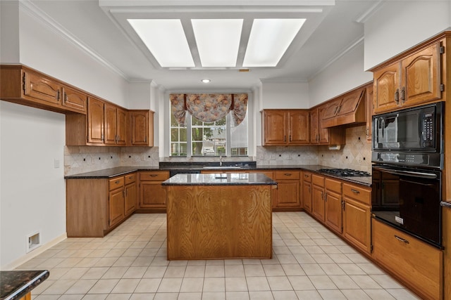 4423 Nassau Dr, Sugar Land, TX 77479 - kitchen featuring brown cabinetry, light tile patterned floors, black appliances, and dark countertops