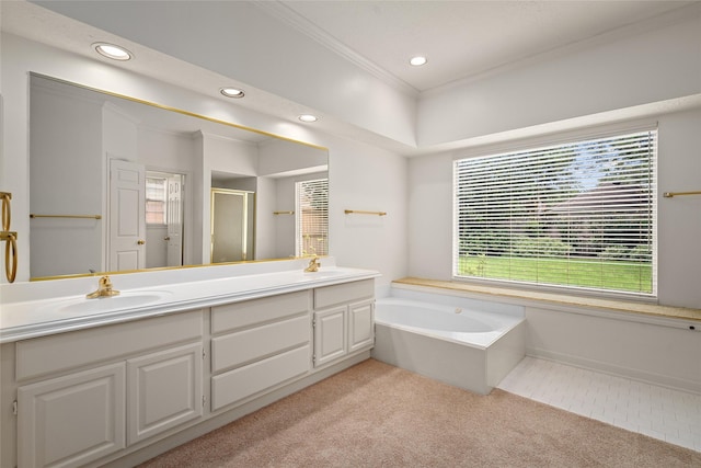 4423 Nassau Dr, Sugar Land, TX 77479 - bathroom featuring carpet floors, recessed lighting, ornamental molding, and a healthy amount of sunlight