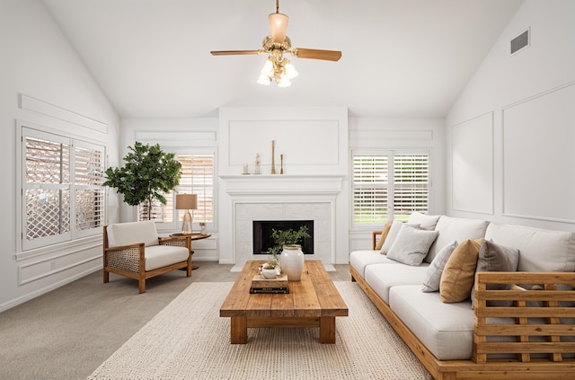 4423 Nassau Dr, Sugar Land, TX 77479 - living area featuring visible vents, a ceiling fan, lofted ceiling, and light carpet