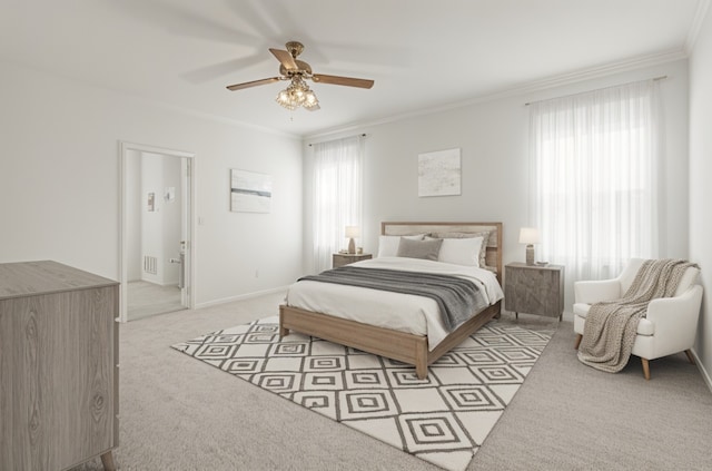 4423 Nassau Dr, Sugar Land, TX 77479 - bedroom featuring baseboards, ceiling fan, light carpet, and ornamental molding