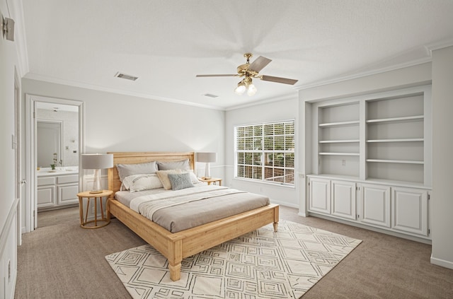 4423 Nassau Dr, Sugar Land, TX 77479 - bedroom featuring crown molding, light colored carpet, a ceiling fan, and visible vents