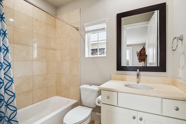 bathroom featuring vanity, shower / bathtub combination with curtain, and toilet