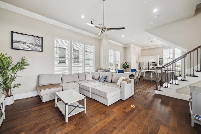 living room featuring crown molding, ceiling fan, recessed lighting, dark wood-style floors, and stairway