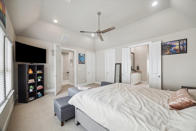 bedroom with light colored carpet, visible vents, baseboards, connected bathroom, and recessed lighting