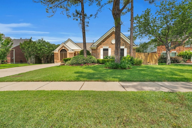 view of front facade featuring brick siding, fence, driveway, and a front lawn