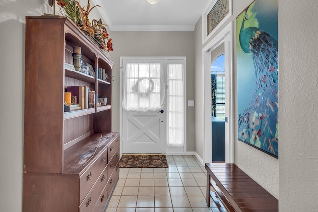 interior space featuring ornamental molding and light tile patterned flooring