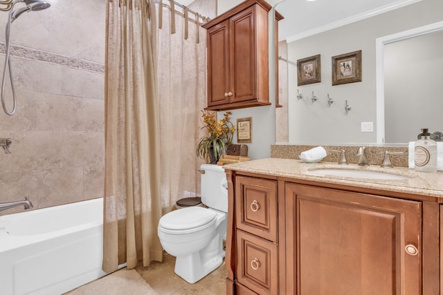 full bath with vanity, toilet, tile patterned floors, shower / tub combo, and ornamental molding