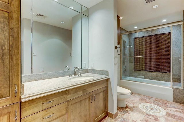 full bath with vanity, toilet, recessed lighting, combined bath / shower with glass door, and visible vents