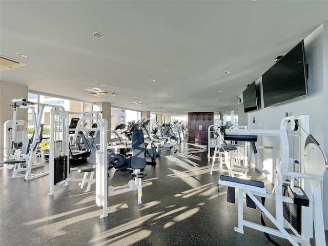 gym featuring recessed lighting and a healthy amount of sunlight