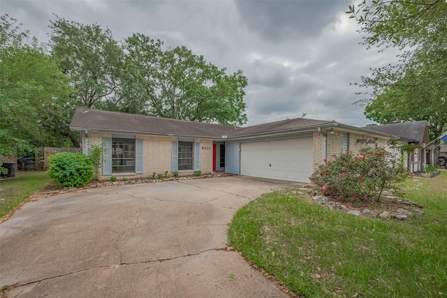 ranch-style house with brick siding, an attached garage, driveway, and roof with shingles