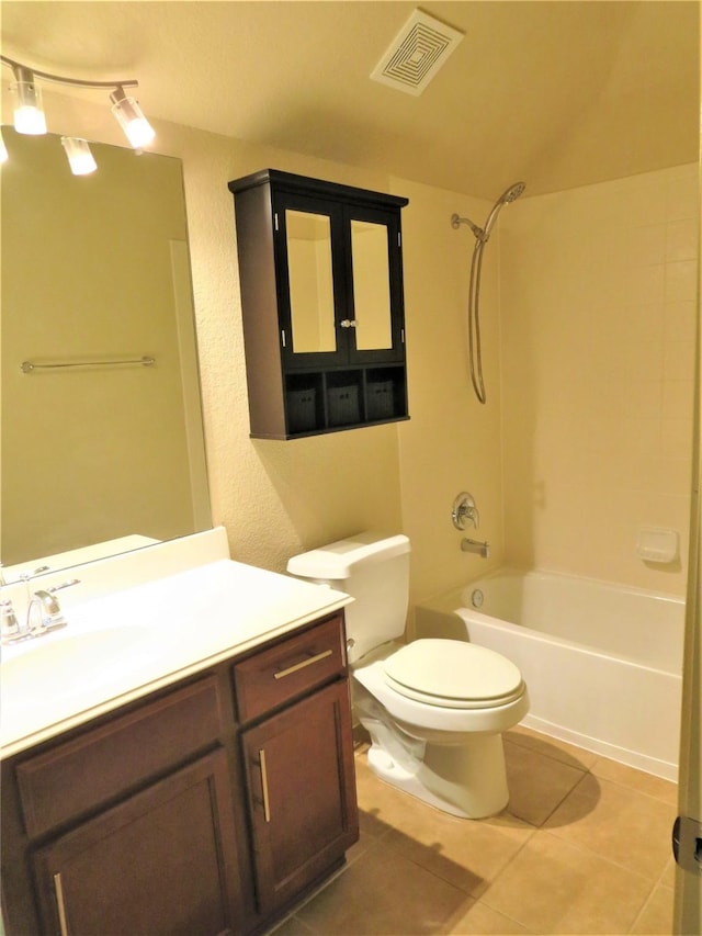 bathroom featuring visible vents, tile patterned flooring, vanity, toilet, and shower / bathing tub combination