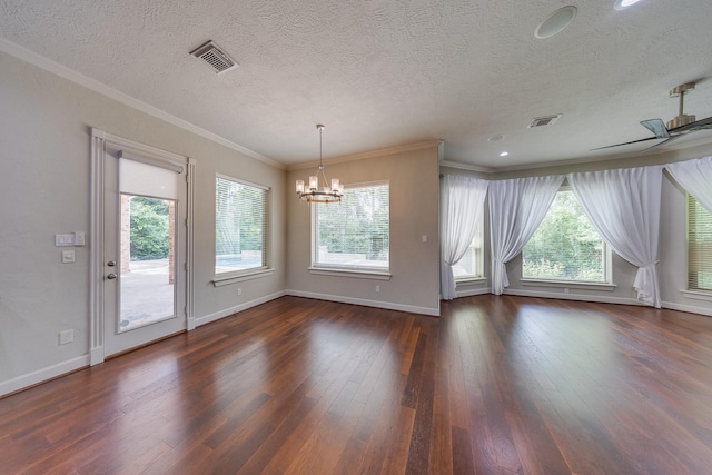 unfurnished dining area featuring a healthy amount of sunlight, dark wood-style floors, and visible vents