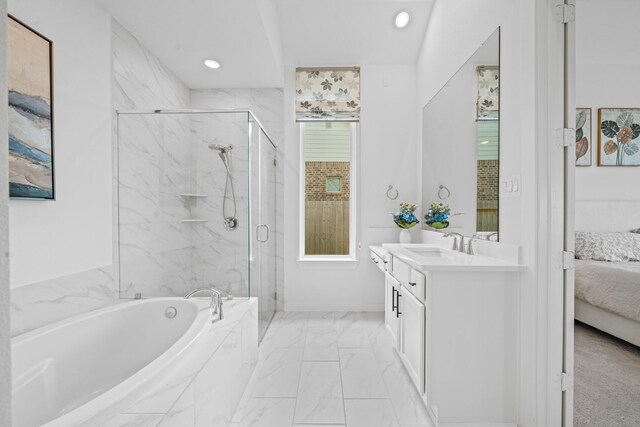 full bath featuring connected bathroom, vanity, a marble finish shower, marble finish floor, and a garden tub