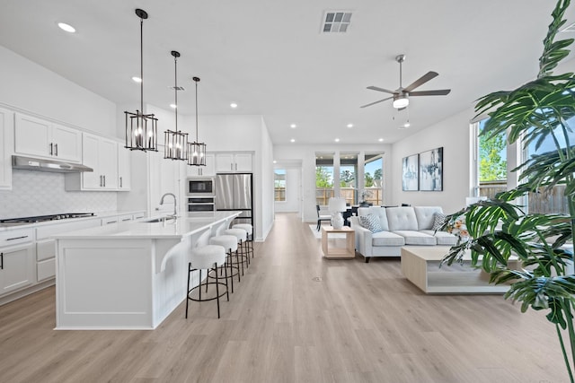 kitchen with visible vents, ceiling fan, under cabinet range hood, a sink, and appliances with stainless steel finishes
