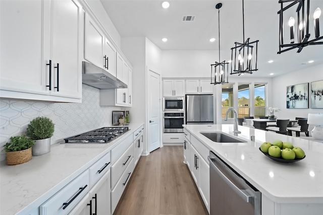 kitchen with visible vents, appliances with stainless steel finishes, a sink, a notable chandelier, and under cabinet range hood