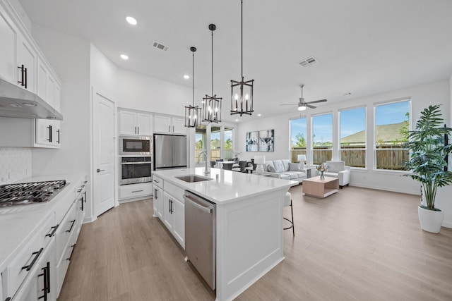 kitchen featuring appliances with stainless steel finishes, a sink, light countertops, light wood-type flooring, and visible vents
