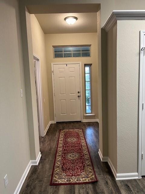foyer with baseboards and dark wood finished floors