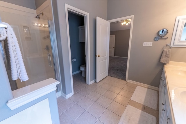 834 Arbor Pne, Tomball, TX 77375 - bathroom with a shower stall, tile patterned floors, vanity, toilet, and a ceiling fan