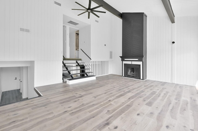 unfurnished living room featuring visible vents, wood finished floors, and beam ceiling