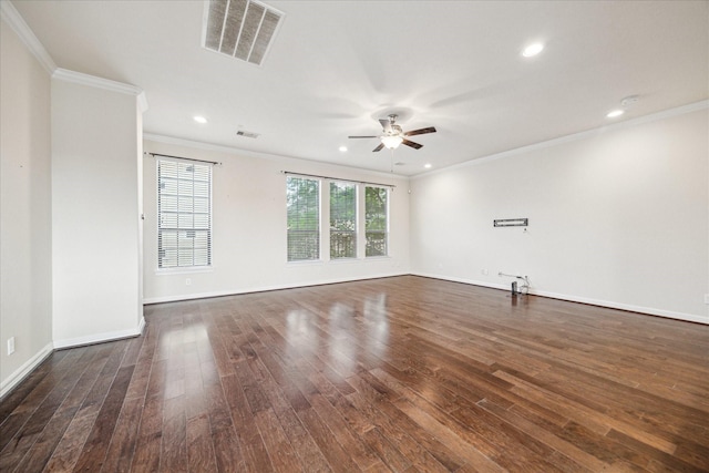 2707 Kings Retreat Cir, Kingwood, TX 77345 - spare room featuring a ceiling fan, visible vents, ornamental molding, recessed lighting, and dark wood-type flooring