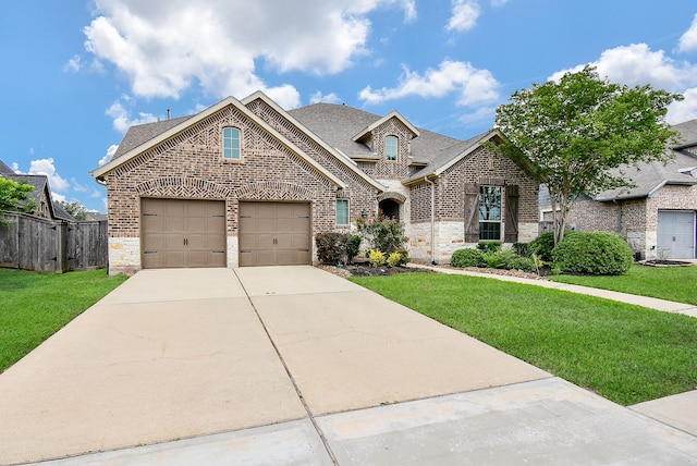 view of front facade with roof with shingles, brick siding, a front yard, and a garage