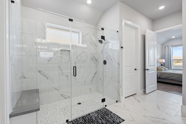 bathroom with connected bathroom, recessed lighting, a marble finish shower, and marble finish floor