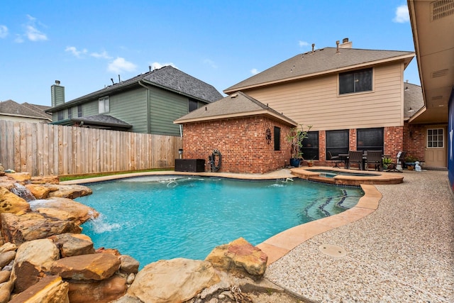 view of swimming pool featuring fence, a fenced in pool, an in ground hot tub, central air condition unit, and a patio