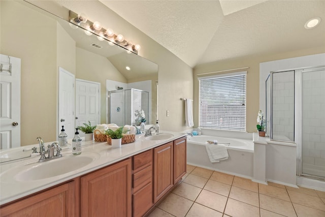 bathroom featuring a sink, lofted ceiling, and a stall shower