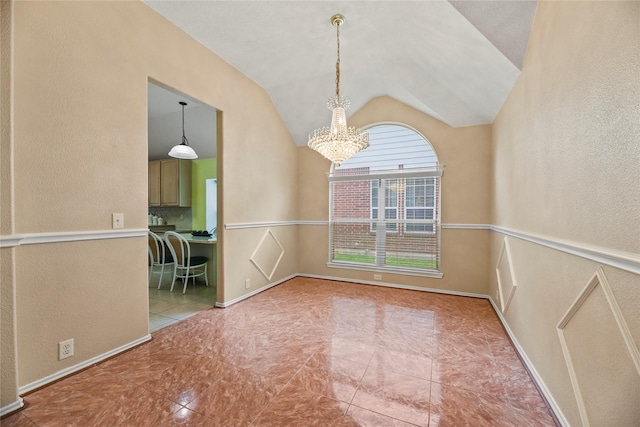 unfurnished dining area featuring a textured wall, an inviting chandelier, and lofted ceiling
