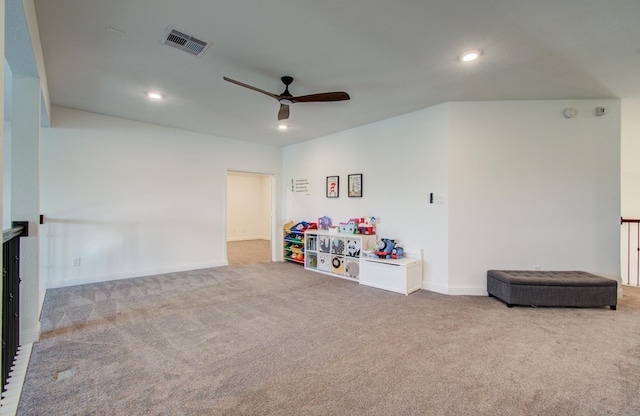 recreation room with visible vents, recessed lighting, carpet, and ceiling fan