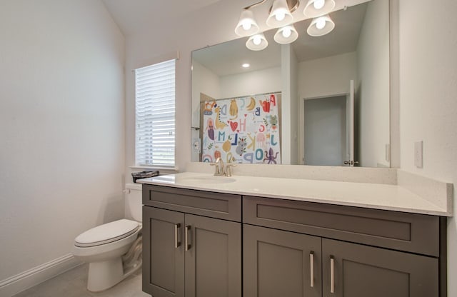 19018 Valentine Padlock Cir, Tomball, TX 77377 - bathroom featuring vanity, toilet, baseboards, a shower with curtain, and tile patterned flooring
