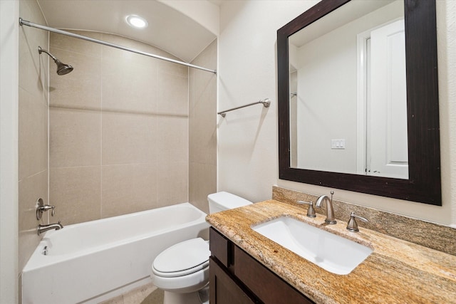 bathroom with toilet, shower / bath combination, recessed lighting, and vanity