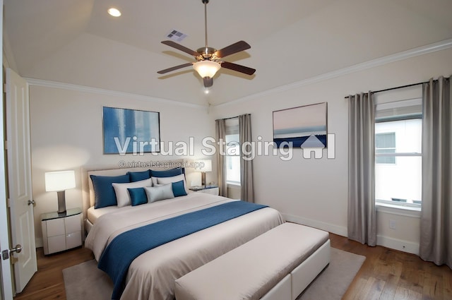 bedroom featuring visible vents, ornamental molding, wood finished floors, baseboards, and recessed lighting